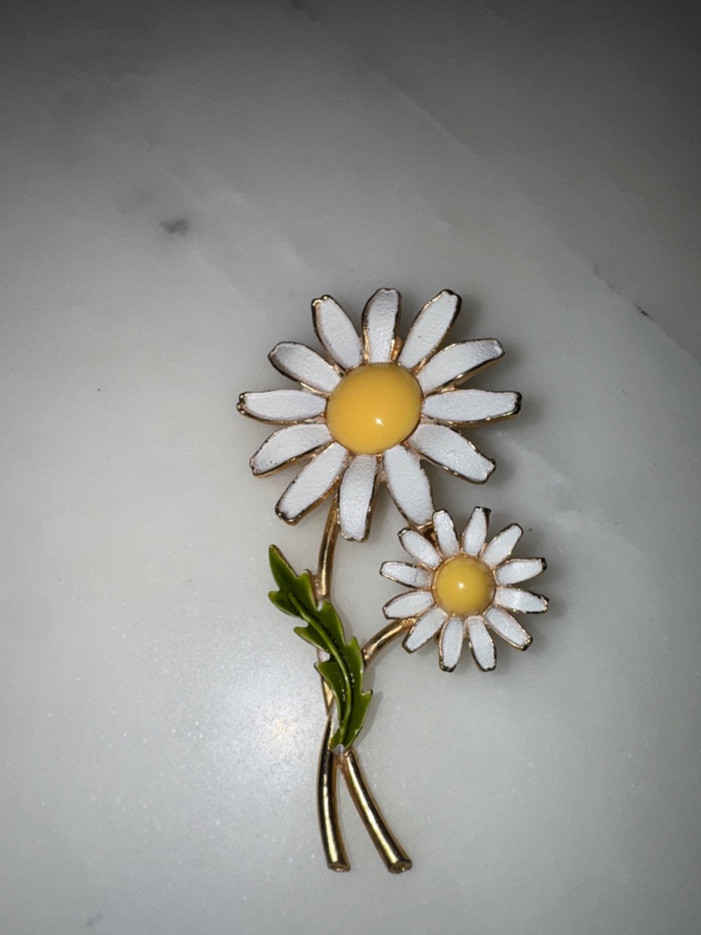 Albert Weiss White and Yellow Daisy Flower Brooch with Green Leaves